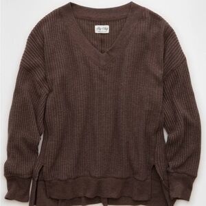 American Eagle Outfitters Big Hug Waffle V-Neck Sweater - Deep Brown